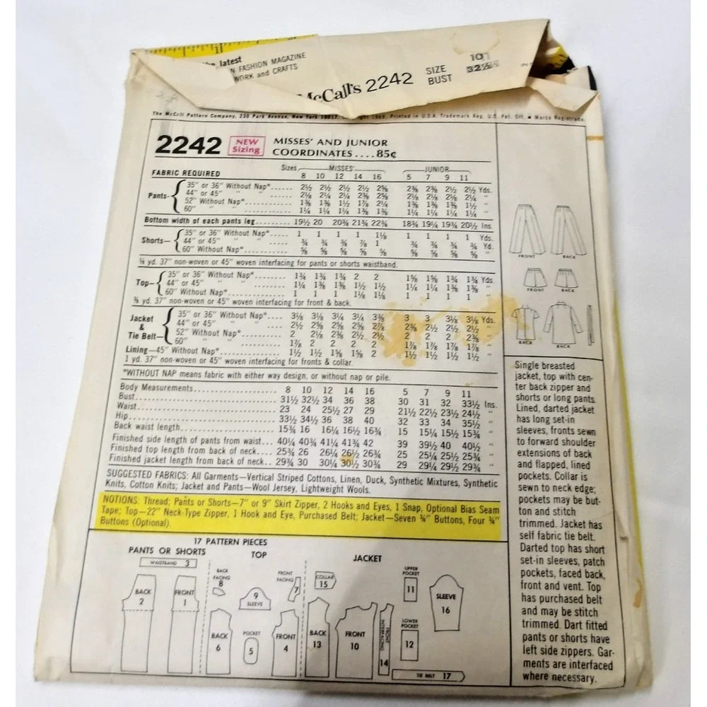 Vintage 1969 McCall's  2242 Coordinates Retro Sewing Pattern Cut / # 6372‎